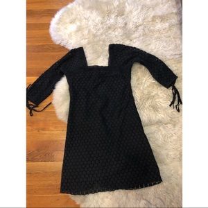 Crochet black long sleeves tie eyelet mini dress S